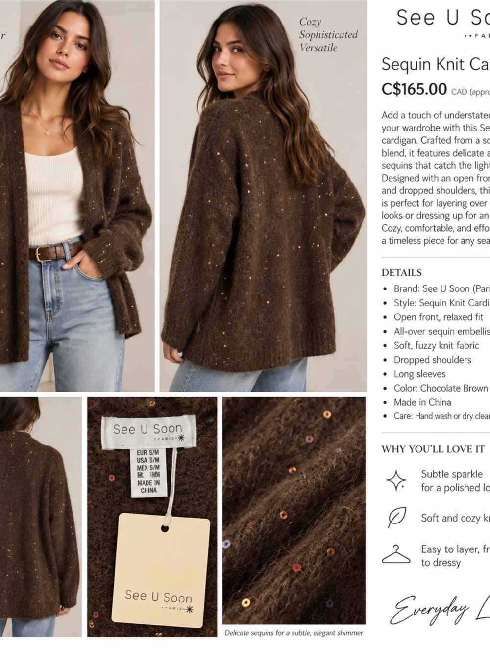 See U Soon Paris Brown Sequin Knit Cardigan US SM